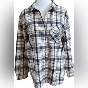 id:23 Navy Blue Plink White Plaid 100% Cotton Button Down Shirt Women’s Medium